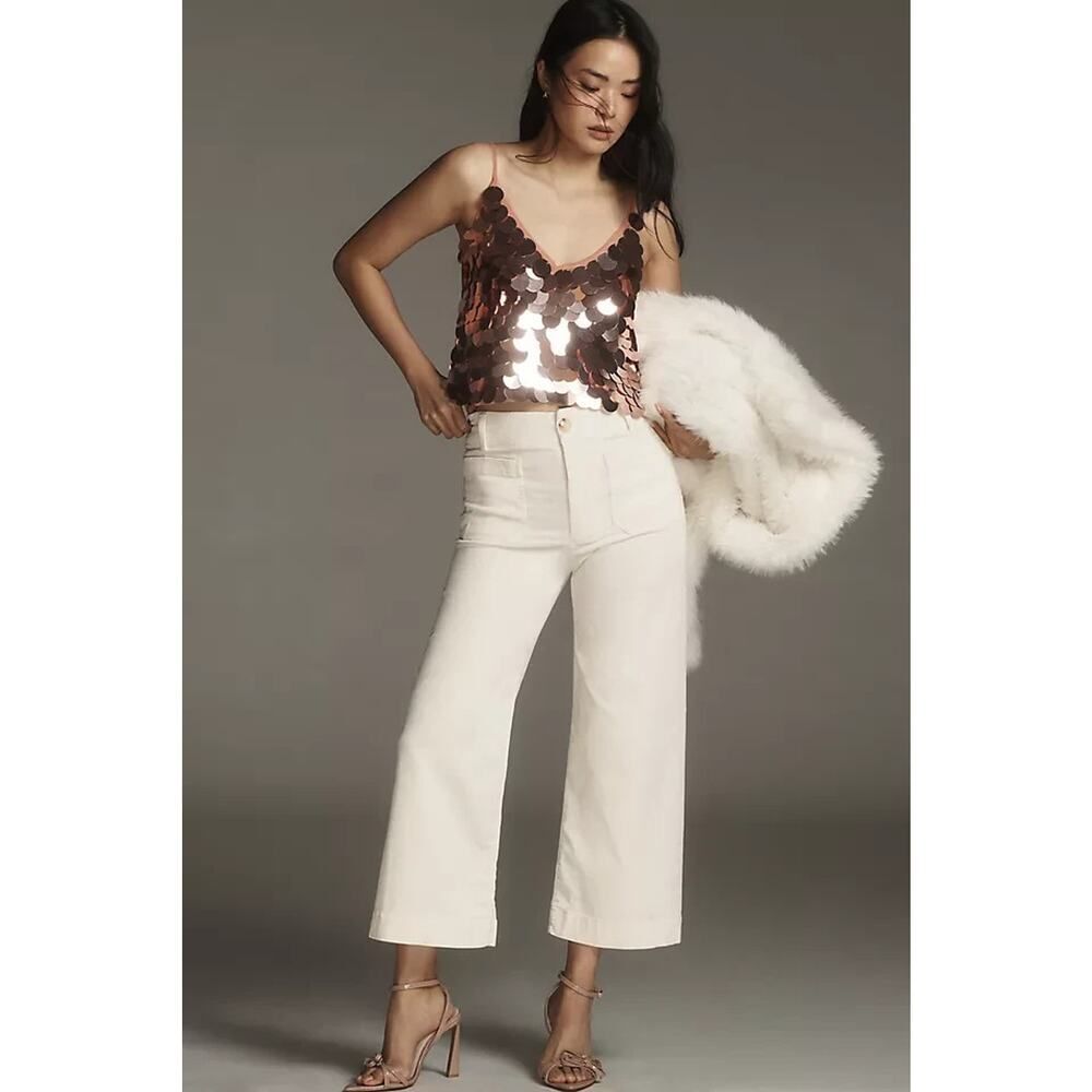 Anthropologie Maeve Colette Size 31 Petite Cropped Corduroy Wide Leg Pants Ivory